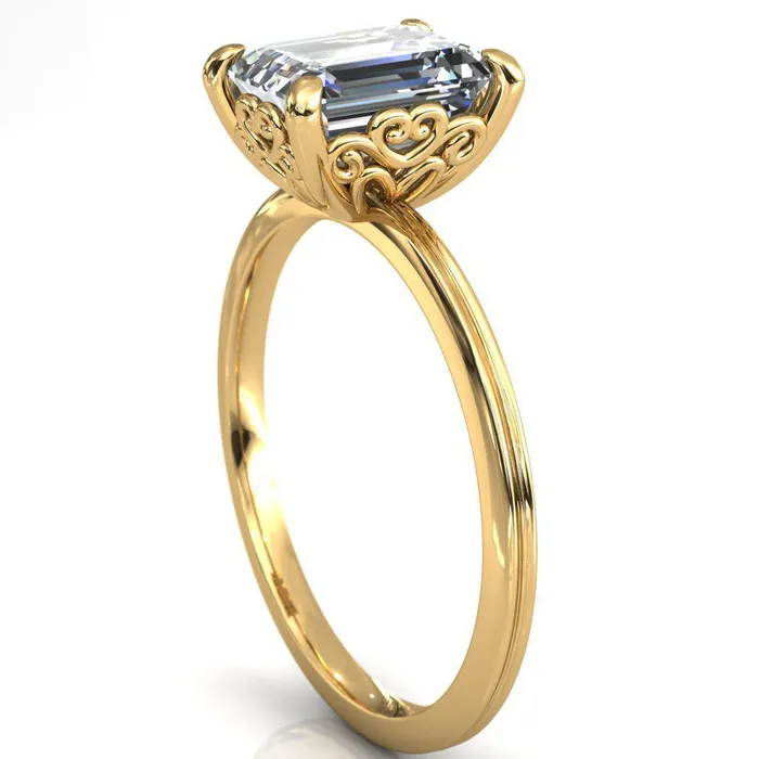 Fire Brilliance Violette Emerald Center Stone Mustache Heart Scrolls Engagement Ring Rings