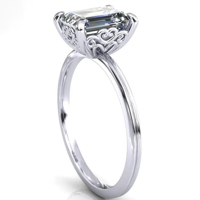 Fire Brilliance Violette Emerald Center Stone Mustache Heart Scrolls Engagement Ring Rings