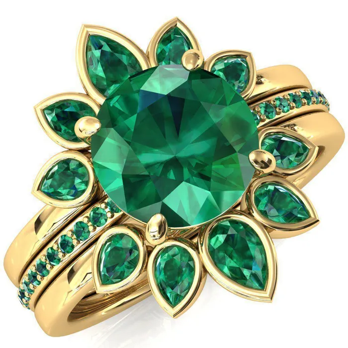 Flora Round Emerald 12 Eternity Accent Emerald Ring Fire Brilliance Rings