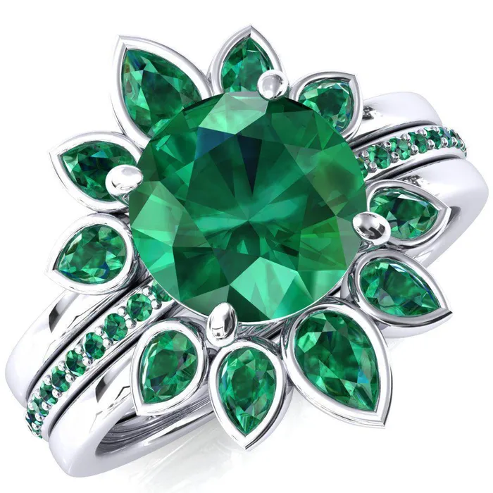 Flora Round Emerald 12 Eternity Accent Emerald Ring Fire Brilliance Rings