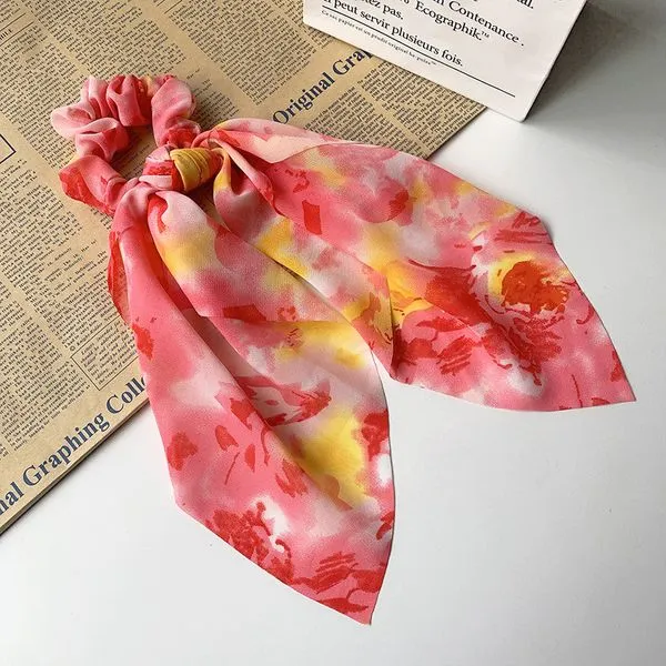 H536 Pink Floral Hair Scrunchie with Large Bow 01 Rings