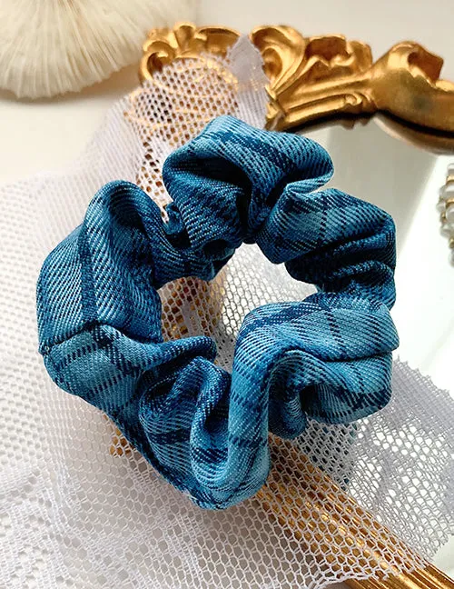 H743 Blue Plaid Print Hair Scrunchie 02 Rings