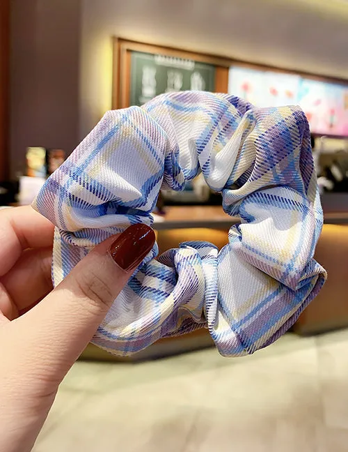 H747 Lavender Blue Plaid Print Hair Scrunchie 02 Rings