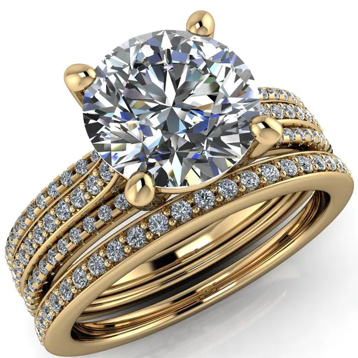 Isabella Round Center Stone Exquisite 4 Prong 3 Row Diamond Sides Ring Fire Brilliance Rings