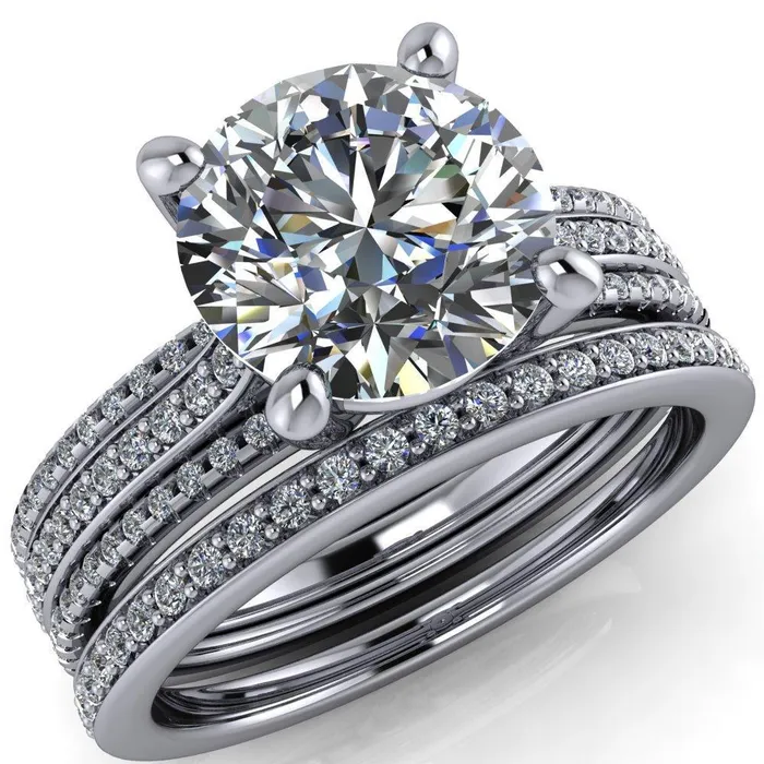 Isabella Round Center Stone Exquisite 4 Prong 3 Row Diamond Sides Ring Fire Brilliance Rings