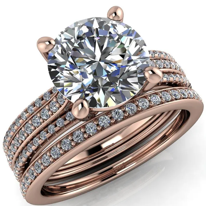 Isabella Round Center Stone Exquisite 4 Prong 3 Row Diamond Sides Ring Fire Brilliance Rings