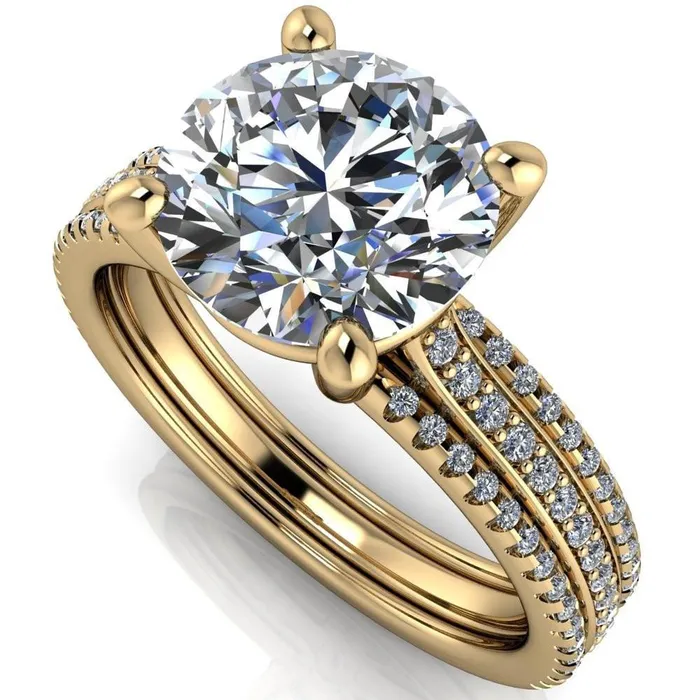 Isabella Round Center Stone Exquisite 4 Prong 3 Row Diamond Sides Ring Fire Brilliance Rings