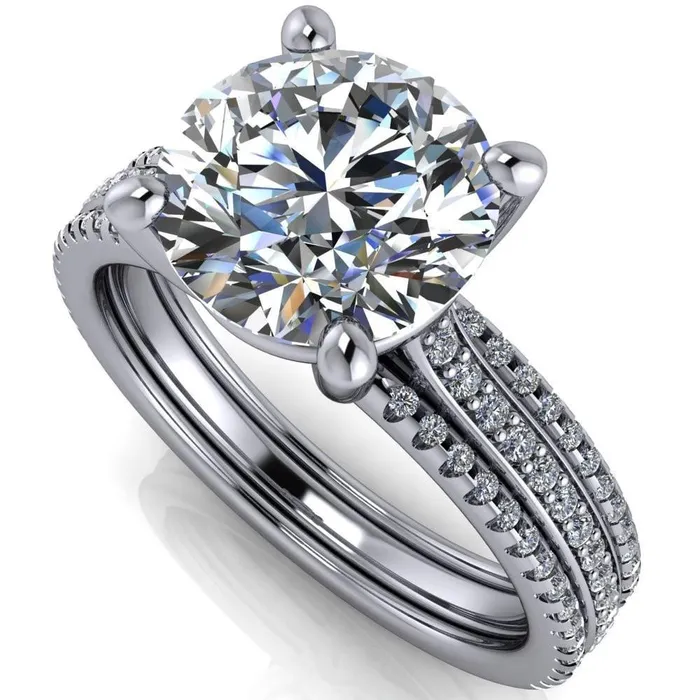 Isabella Round Center Stone Exquisite 4 Prong 3 Row Diamond Sides Ring Fire Brilliance Rings