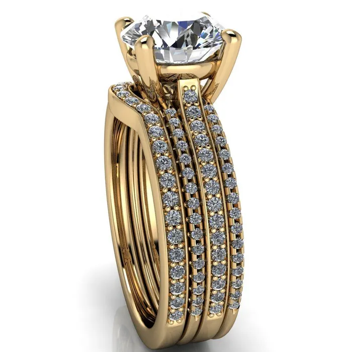 Isabella Round Center Stone Exquisite 4 Prong 3 Row Diamond Sides Ring Fire Brilliance Rings