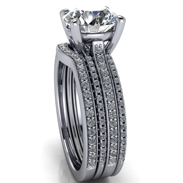 Isabella Round Center Stone Exquisite 4 Prong 3 Row Diamond Sides Ring Fire Brilliance Rings