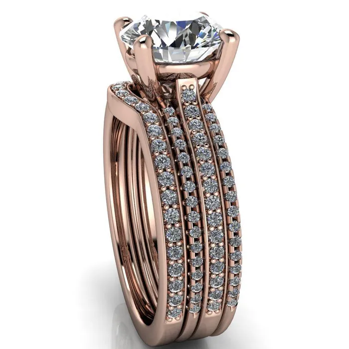 Isabella Round Center Stone Exquisite 4 Prong 3 Row Diamond Sides Ring Fire Brilliance Rings