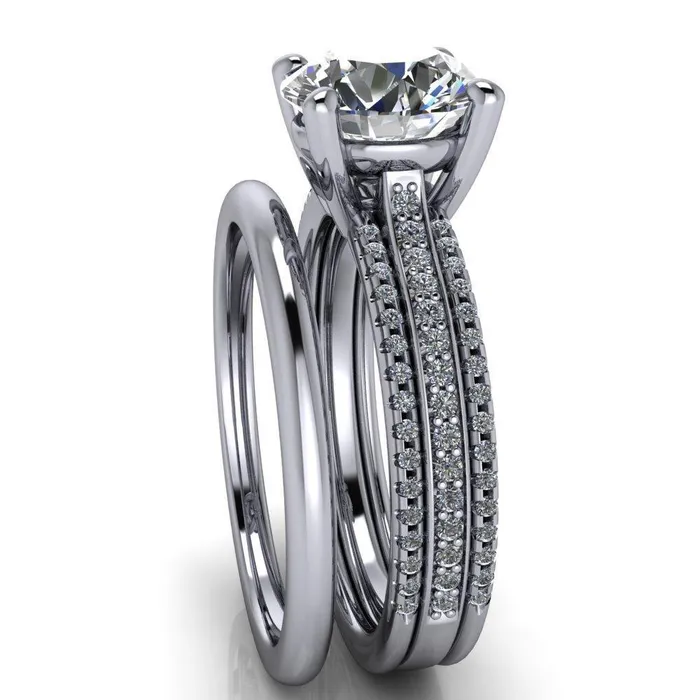 Isabella Round Center Stone Exquisite 4 Prong 3 Row Diamond Sides Ring Fire Brilliance Rings