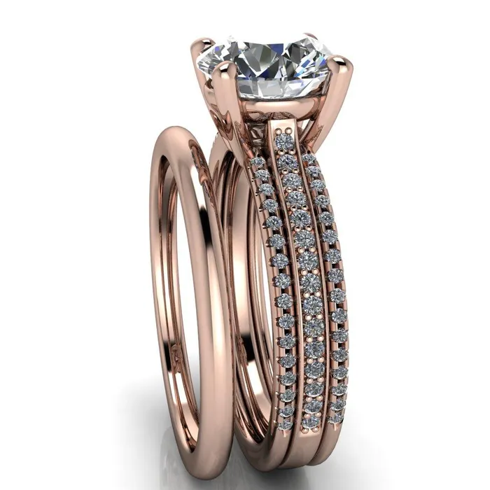 Isabella Round Center Stone Exquisite 4 Prong 3 Row Diamond Sides Ring Fire Brilliance Rings