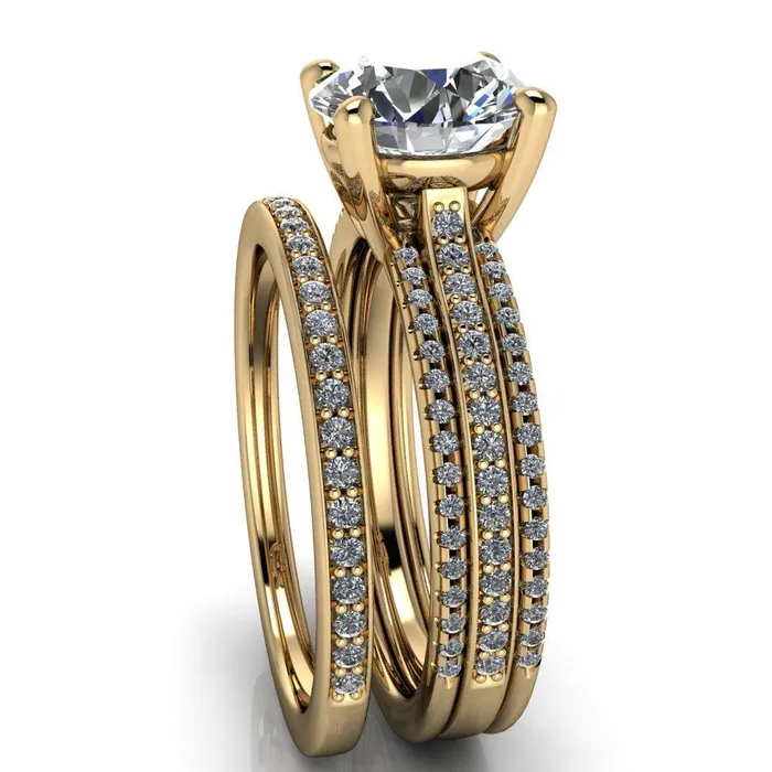 Isabella Round Center Stone Exquisite 4 Prong 3 Row Diamond Sides Ring Fire Brilliance Rings