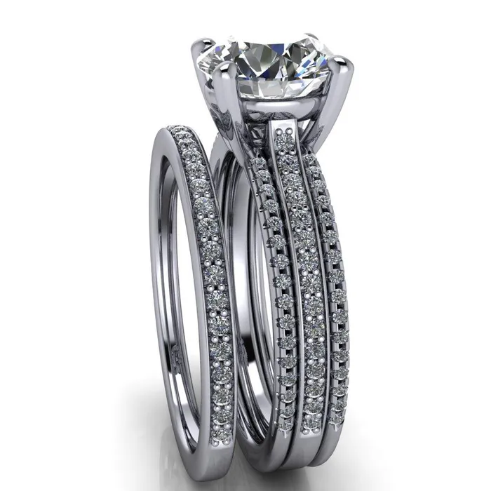 Isabella Round Center Stone Exquisite 4 Prong 3 Row Diamond Sides Ring Fire Brilliance Rings