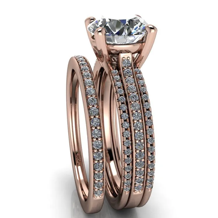 Isabella Round Center Stone Exquisite 4 Prong 3 Row Diamond Sides Ring Fire Brilliance Rings