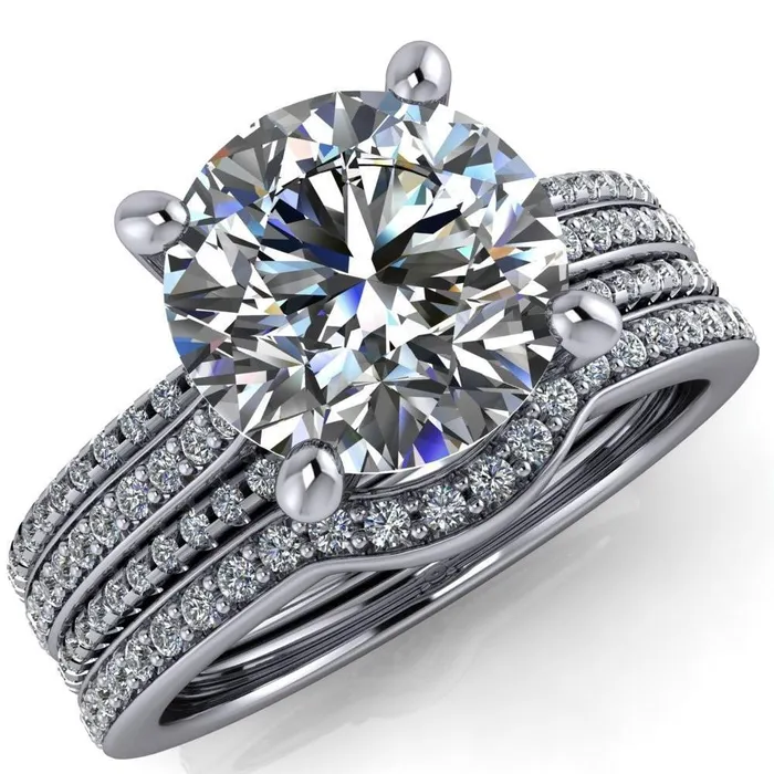 Isabella Round Center Stone Exquisite 4 Prong 3 Row Diamond Sides Ring Fire Brilliance Rings