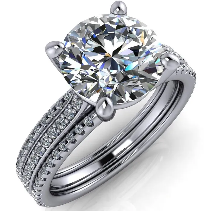 Isabella Round Center Stone Exquisite 4 Prong 3 Row Diamond Sides Ring Fire Brilliance Rings