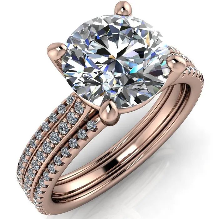 Isabella Round Center Stone Exquisite 4 Prong 3 Row Diamond Sides Ring Fire Brilliance Rings