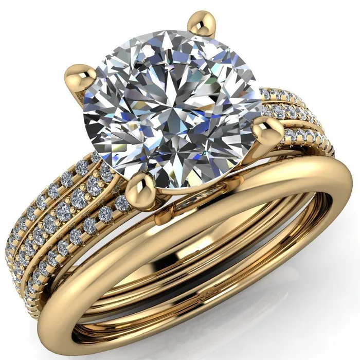 Isabella Round Center Stone Exquisite 4 Prong 3 Row Diamond Sides Ring Fire Brilliance Rings