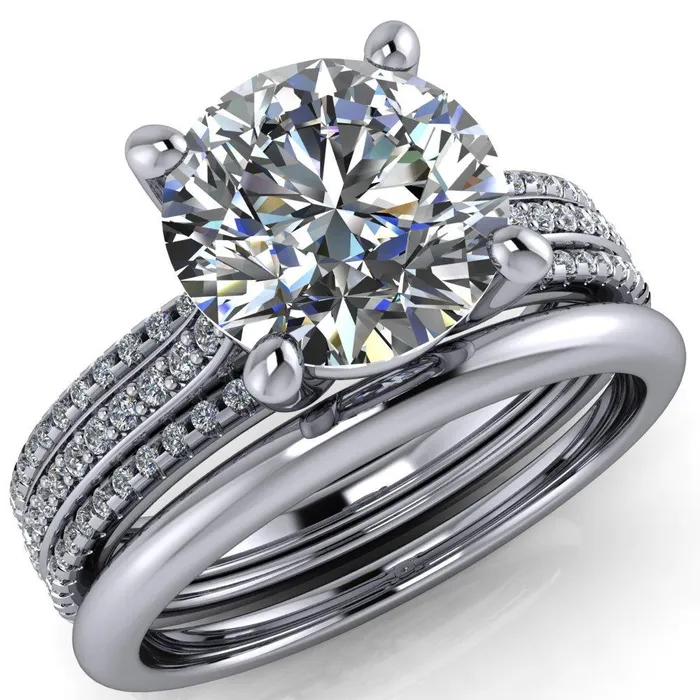 Isabella Round Center Stone Exquisite 4 Prong 3 Row Diamond Sides Ring Fire Brilliance Rings