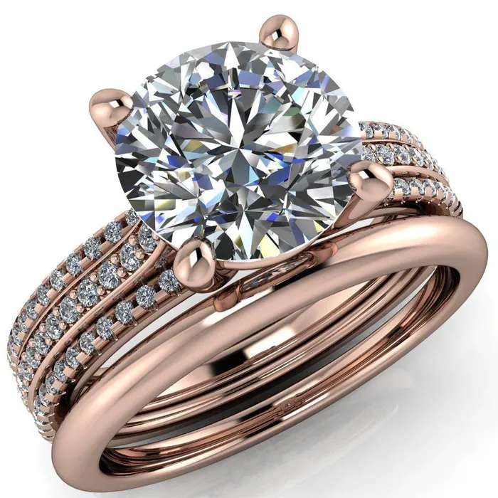Isabella Round Center Stone Exquisite 4 Prong 3 Row Diamond Sides Ring Fire Brilliance Rings