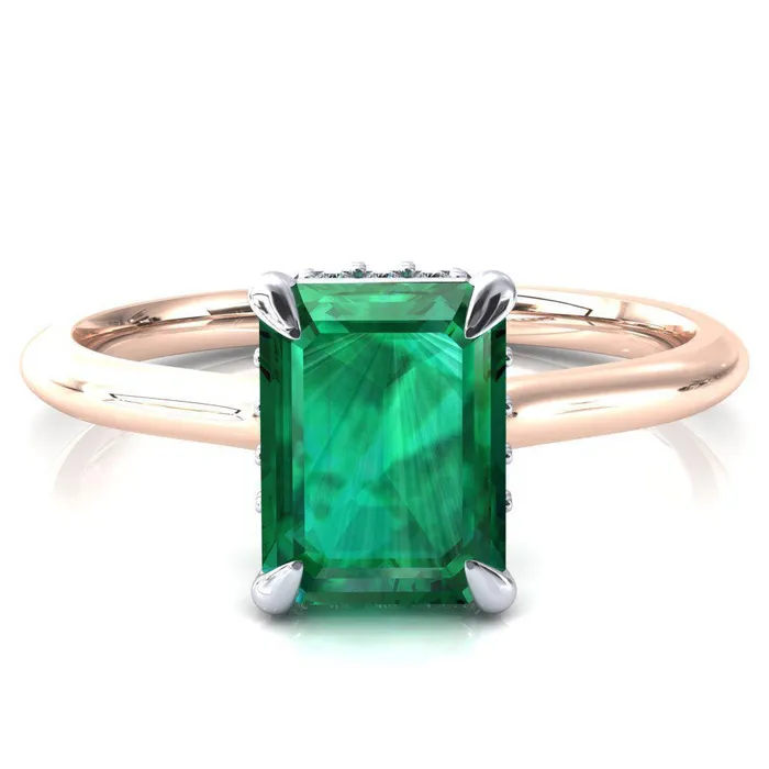 Janey Emerald Emerald 4 Prongs Claw Floating Halo Inverted Cathedral Ring Fire Brilliance Rings