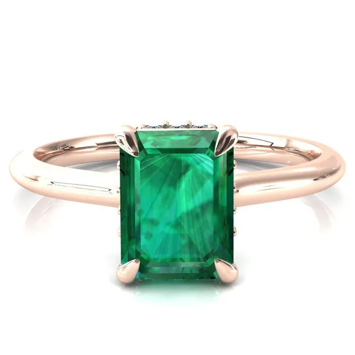 Janey Emerald Emerald 4 Prongs Claw Floating Halo Inverted Cathedral Ring Fire Brilliance Rings