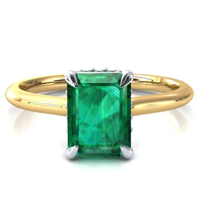 Janey Emerald Emerald 4 Prongs Claw Floating Halo Inverted Cathedral Ring Fire Brilliance Rings