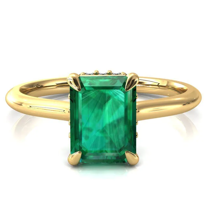 Janey Emerald Emerald 4 Prongs Claw Floating Halo Inverted Cathedral Ring Fire Brilliance Rings