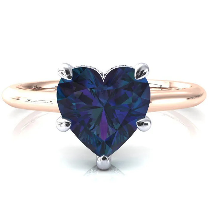 Janey Heart Alexandrite 5 Prongs Claw Floating Halo Inverted Cathedral Ring Fire Brilliance Rings