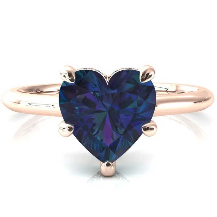Janey Heart Alexandrite 5 Prongs Claw Floating Halo Inverted Cathedral Ring Fire Brilliance Rings
