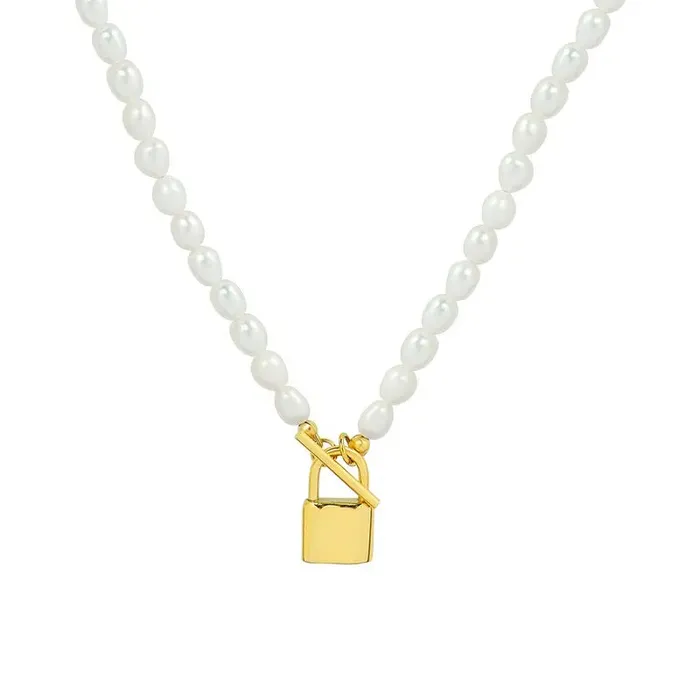Jewelvers 14K GoldFilled Padlock Tbar Pearl Necklace Necklaces