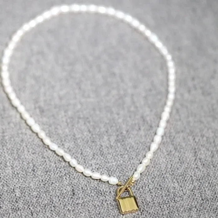 Jewelvers 14K GoldFilled Padlock Tbar Pearl Necklace Necklaces Jewelvers 14K GoldFilled Padlock Tbar Pearl Necklace Necklaces