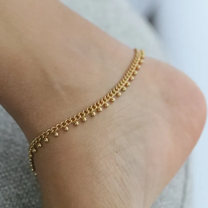 Jewelvers PreStyled Sets 18K GoldFilled Curb Chain Anklet Ball Beaded Anklet