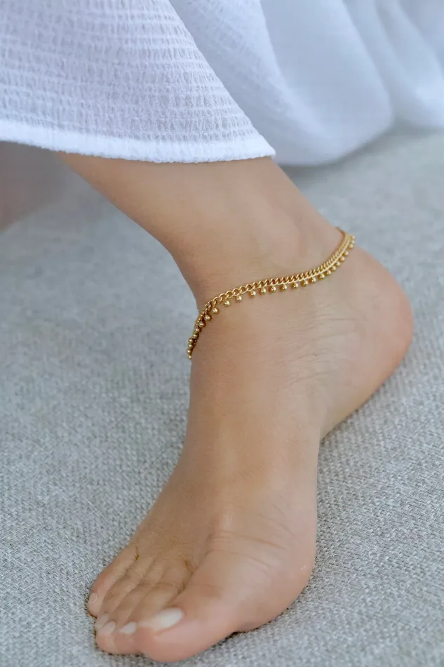 Jewelvers PreStyled Sets 18K GoldFilled Curb Chain Anklet Ball Beaded Anklet