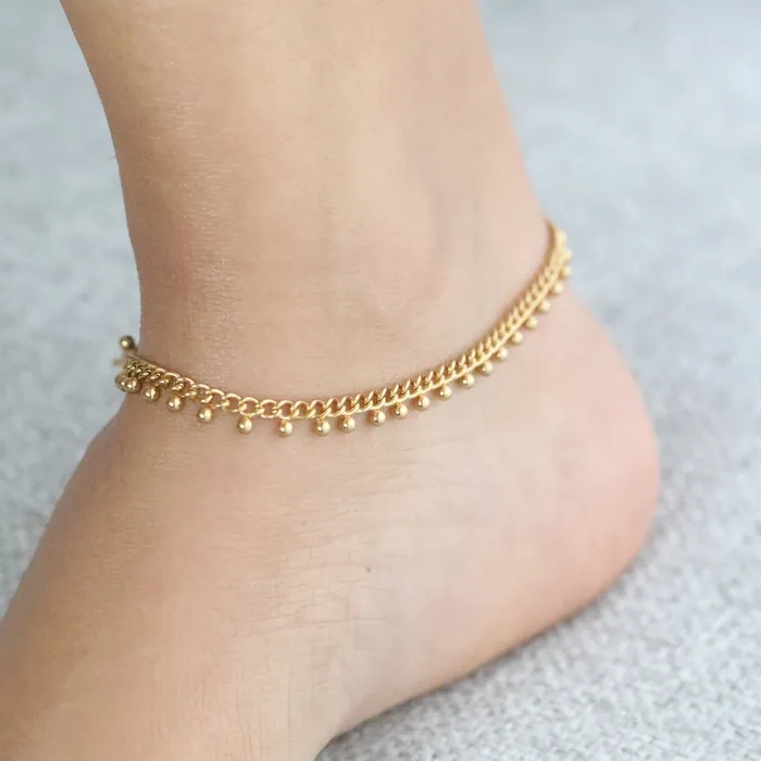 Jewelvers PreStyled Sets 18K GoldFilled Curb Chain Anklet Ball Beaded Anklet
