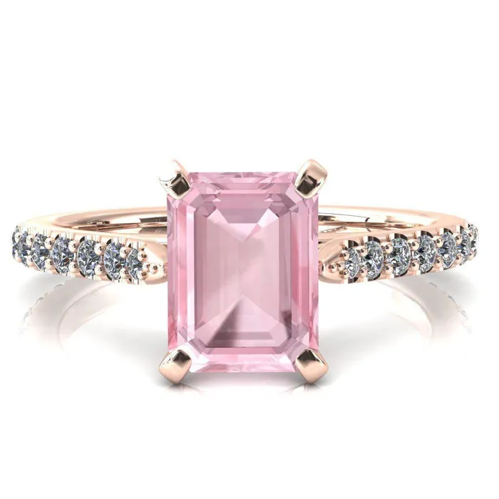 Kelsy Emerald Pink Sapphire 4 Prong 34 Shared Scalloped Inverted Cathedral Ring Fire Brilliance Rings