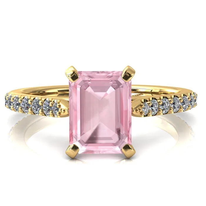 Kelsy Emerald Pink Sapphire 4 Prong 34 Shared Scalloped Inverted Cathedral Ring Fire Brilliance Rings