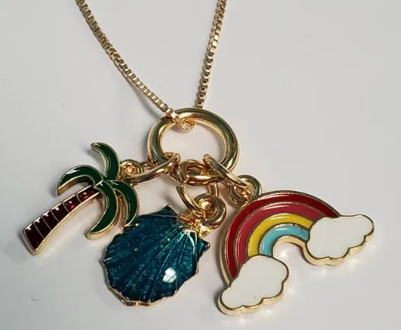 L180 Gold Rainbow Shell Palm Tree Charm Necklace FREE EARRINGS polly Necklaces