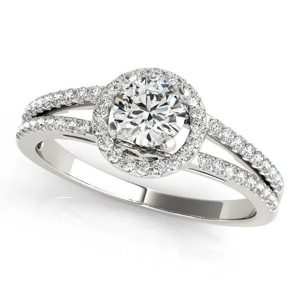 Larae Round Center Stone Split Shank Cathedral Diamond Halo Engagement Ring Fire Brilliance Rings