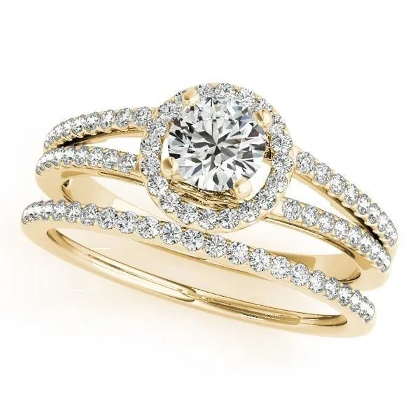 Larae Round Center Stone Split Shank Cathedral Diamond Halo Engagement Ring Fire Brilliance Rings