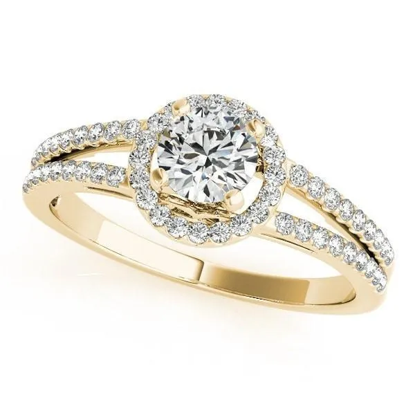 Larae Round Center Stone Split Shank Cathedral Diamond Halo Engagement Ring Fire Brilliance Rings
