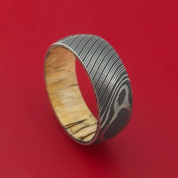 Lashbrook Damascus Steel Ring with Interior Hardwood Sleeve Custom Made Band Rings Lashbrook Damascus Steel Ring with Interior Hardwood Sleeve Custom Made Band Rings
