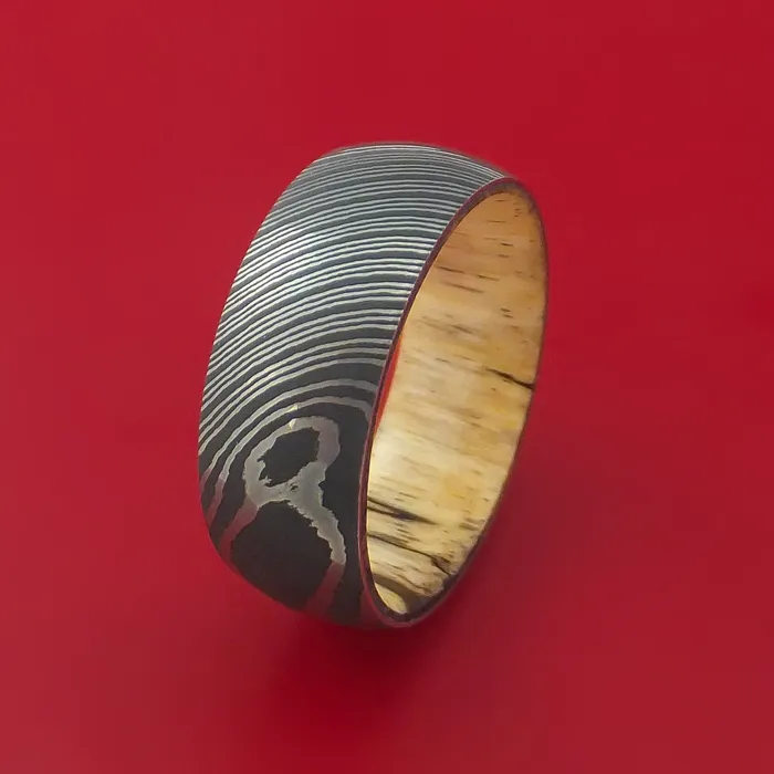 Lashbrook Damascus Steel Ring with Interior Hardwood Sleeve Custom Made Band Rings Lashbrook Damascus Steel Ring with Interior Hardwood Sleeve Custom Made Band Rings