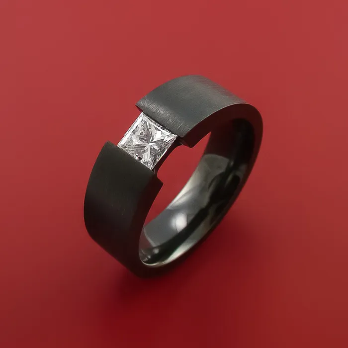 Lashbrook Rings Black Zirconium Ring Tension Setting Band with Princess Cut Moissanite Lashbrook Rings Black Zirconium Ring Tension Setting Band with Princess Cut Moissanite