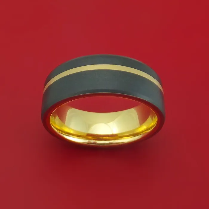 Lashbrook Rings Black Zirconium Ring with 14k Yellow Gold Inlay and Interior 14k Yellow Gold Sleeve Custom Made Band Lashbrook Rings Black Zirconium Ring with 14k Yellow Gold Inlay and Interior 14k Yellow Gold Sleeve Custom Made Band