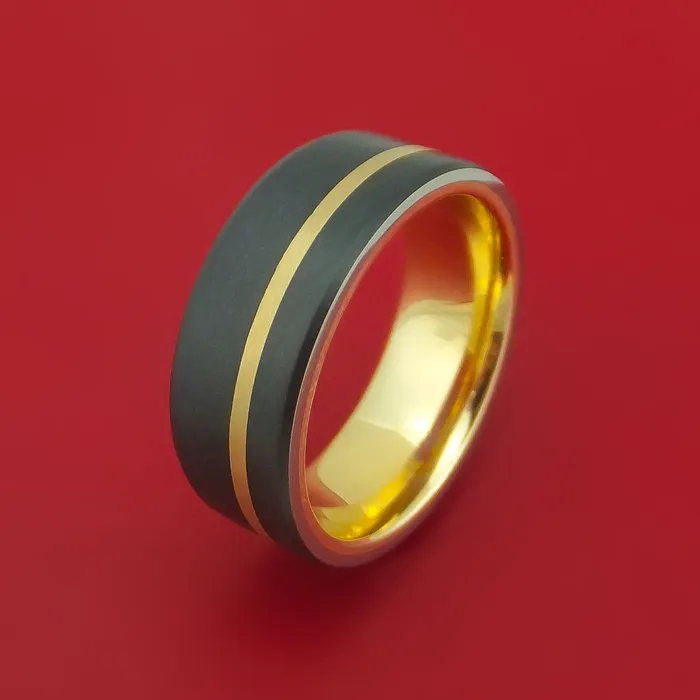 Lashbrook Rings Black Zirconium Ring with 14k Yellow Gold Inlay and Interior 14k Yellow Gold Sleeve Custom Made Band Lashbrook Rings Black Zirconium Ring with 14k Yellow Gold Inlay and Interior 14k Yellow Gold Sleeve Custom Made Band