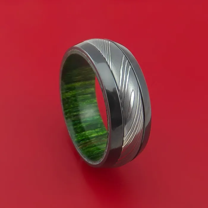 Lashbrook Rings Black Zirconium Ring with Damascus Steel Inlay and Interior Hardwood Sleeve Custom Made Band