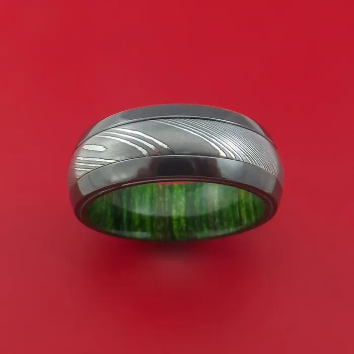 Lashbrook Rings Black Zirconium Ring with Damascus Steel Inlay and Interior Hardwood Sleeve Custom Made Band Lashbrook Rings Black Zirconium Ring with Damascus Steel Inlay and Interior Hardwood Sleeve Custom Made Band